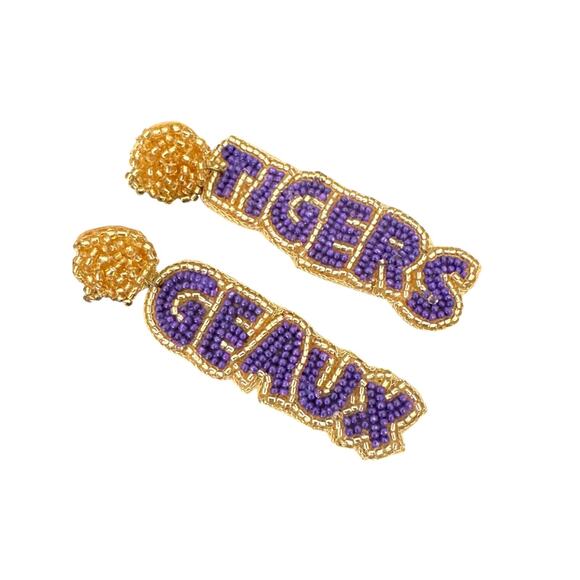 Purple & Gold Beaded Geaux Tigers/LSU Earrings/LSU Tigers Earrings/Gift for Her - Picture 2 of 3